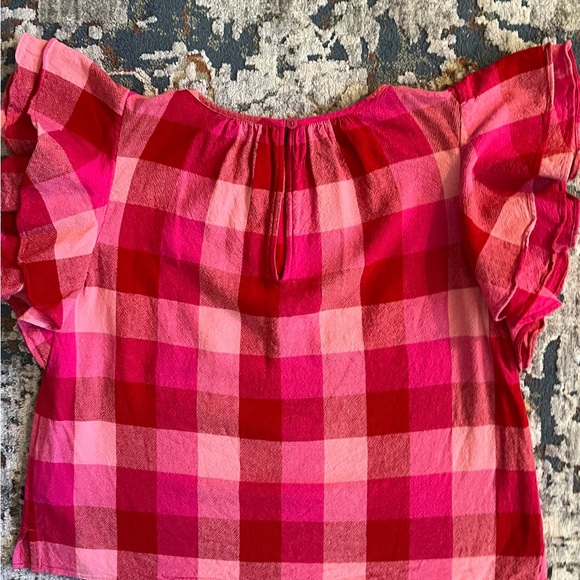 KATE SPADE PICNIC WOVEN FLUTTER-SLEEVE TOP LINEN BLEND DEEP HIBISCUS MULTI  L - Picture 11 of 15